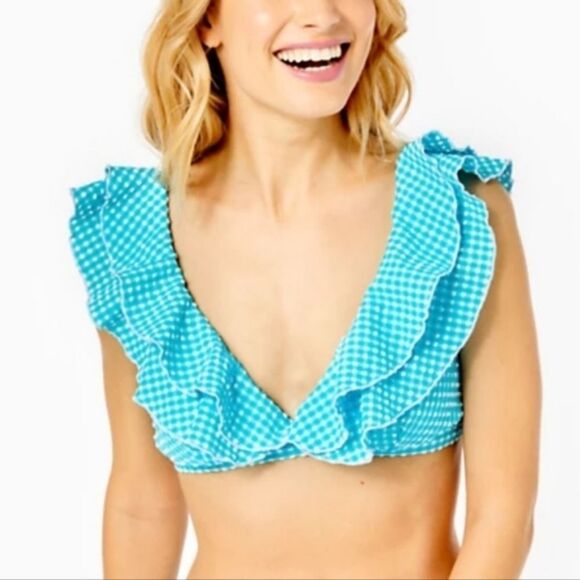 Lilly Pulitzer AELIN TURQUOISE OASIS GINGHAM SWIM Top Size 10 - Picture 3 of 3